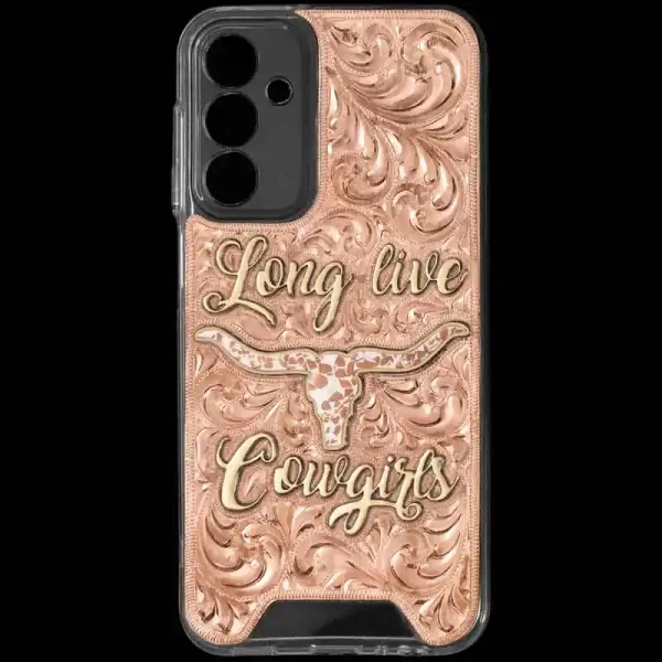 "Long live cowgirls and cowboys! Our Wrangler Custom Phone Case is the perfect accessory for any Western attire, featuring a hand crafted Copper plate securely attached to the phone case. Each scroll is expertly hand - engraved by our expert craftsme